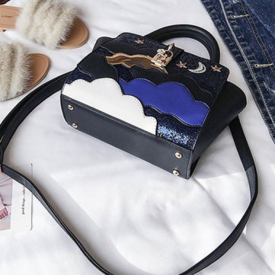 Women Sequins PU Leather Handbag Stitching Crossbody Bag for Handbags