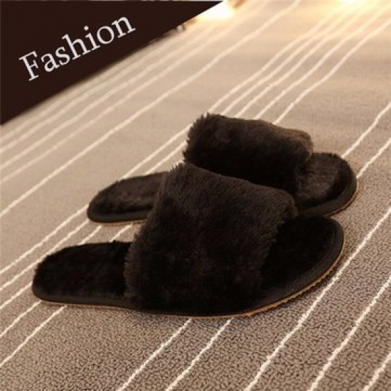 Furry Peep Toe Warm Floor Indoor Flat Slip On Slippers for Home Shoes