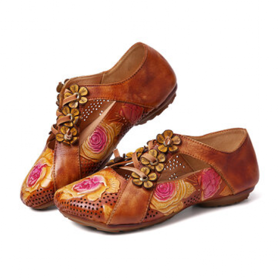 SOCOFY Retro Embossed Flower Splicing Floral Lace Up Slip On Shoes for Flat & Loafers