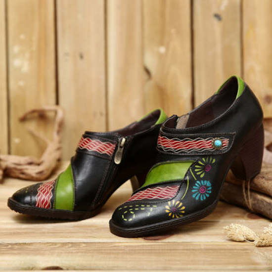 SOCOFY Retro Splicing Flower Pattern Genuine Leather Zipper Slip On Pumps for Pumps