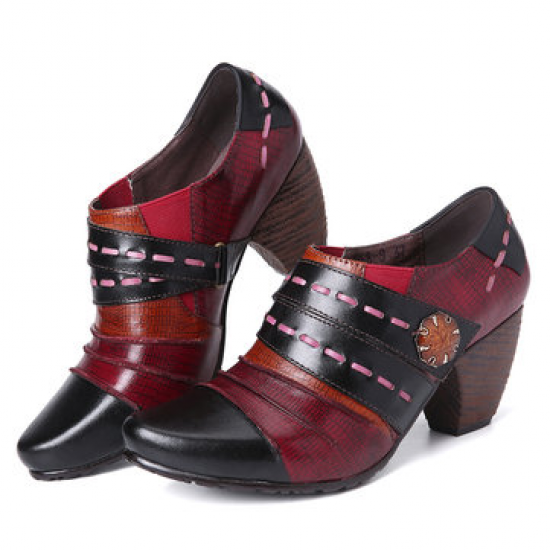 SOCOFY Retro Splicing Multicolors Simple Casual Style Genuine Leather Slip On Pumps for Pumps
