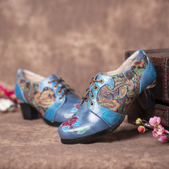 SOCOFY Retro Embossed Flower Folkways Cloth Pattern Lace Up Comfy Pumps for Pumps