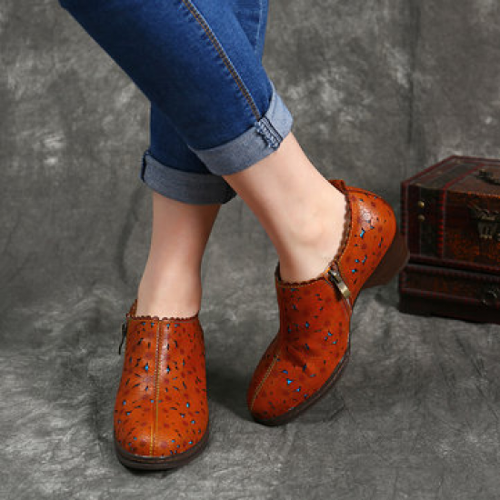 SOCOFY Retro Flowers Pattern Hollow Genuine Leather Low Heel Comfortable Stitching Zipper Pumps for Pumps