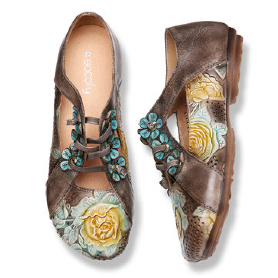 SOCOFY Retro Embossed Flower Splicing Floral Lace Up Slip On Shoes for Flat & Loafers