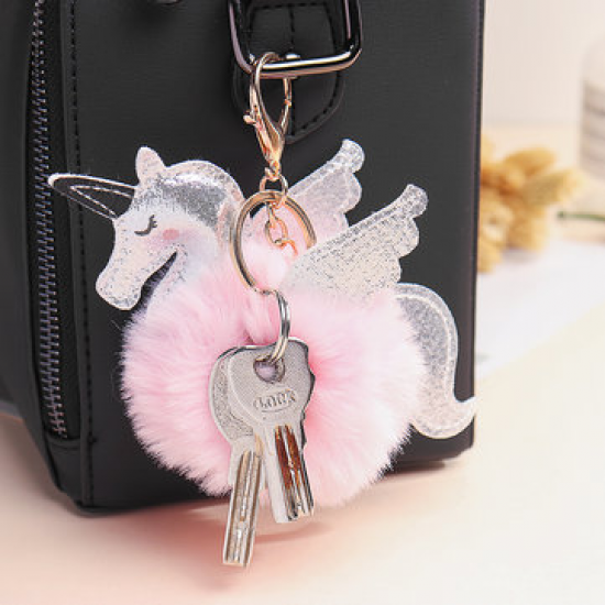 Women Faux Fur Unicorn Bag Charm Cute Key Chain for Bag Accessories