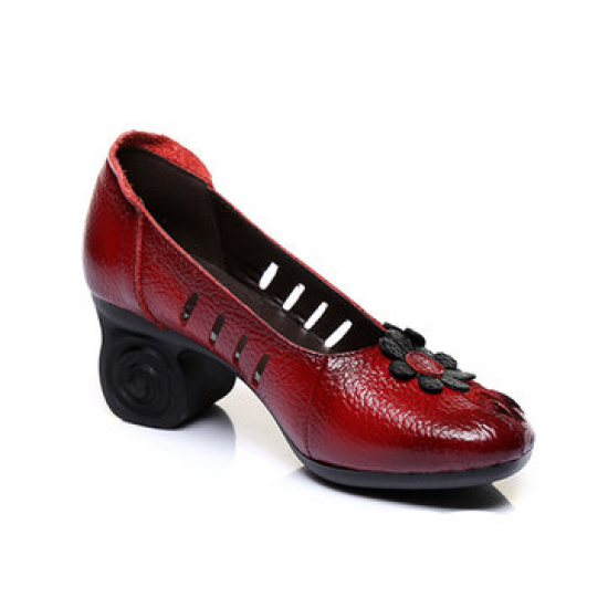 SOCOFY Retro Hollow Out Handmade Flower Pattern Leather Pumps for Pumps